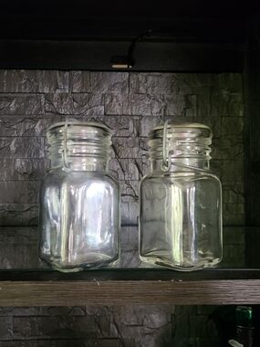 SET OF TWO Hazel-Atlas Clear Glass Mini Canning Jars With Glass Lids